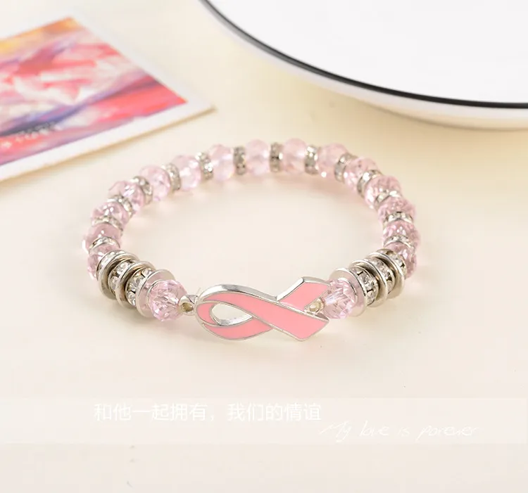Nuovo arrivo braccialetti di consapevolezza del cancro al seno donne nastro rosa cancro al seno braccialetto perle di vetro catene gioielli fai da te moda donna