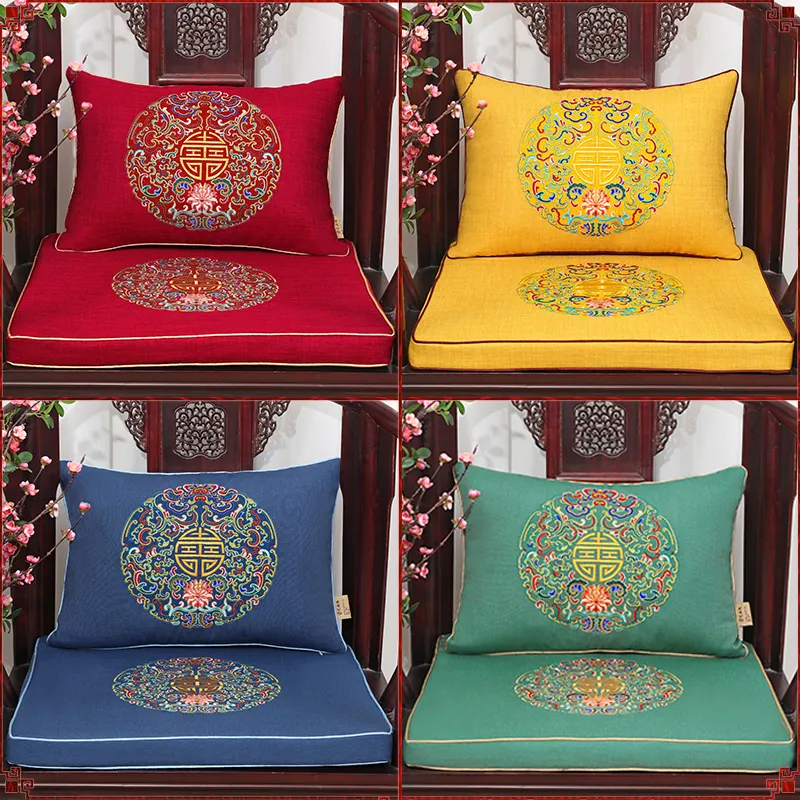 Luxury Ethnic Fine Embroidery Happy Sofa Chair Seat Cushion Cotton Linen Chinese style Lumbar Pillow High End Thick Decorative Cushions Pads