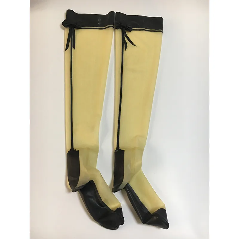 2018 femmes faites à la main long Transparent Latex bas serrés épissé nœud-nots chaussettes fétiche avec nœuds Zentai pour Halloween303c