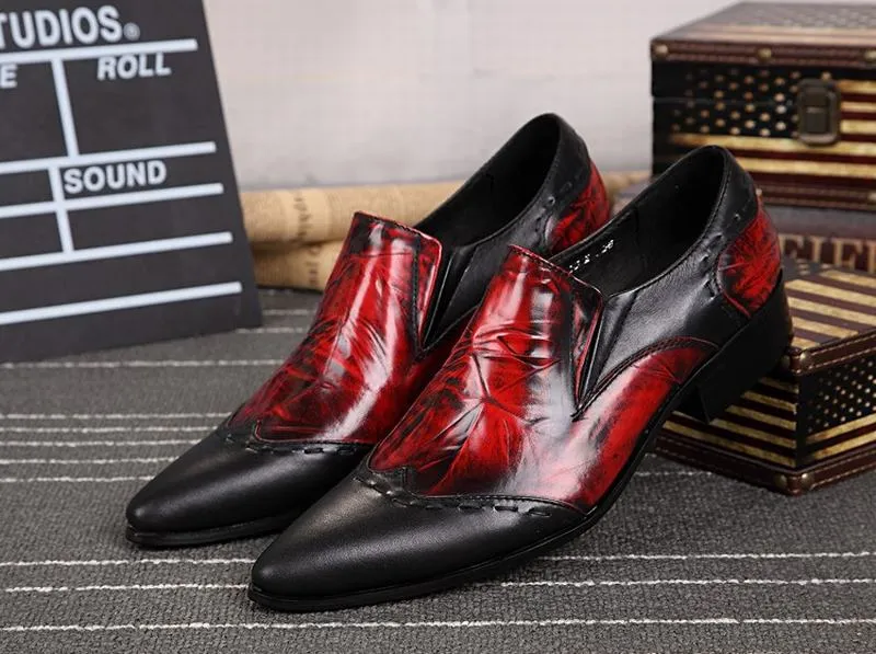 Lederen puntige echte teen rode vintage jurk klassieke formele retro oxfords mannen flats schoenen trouwschoenen