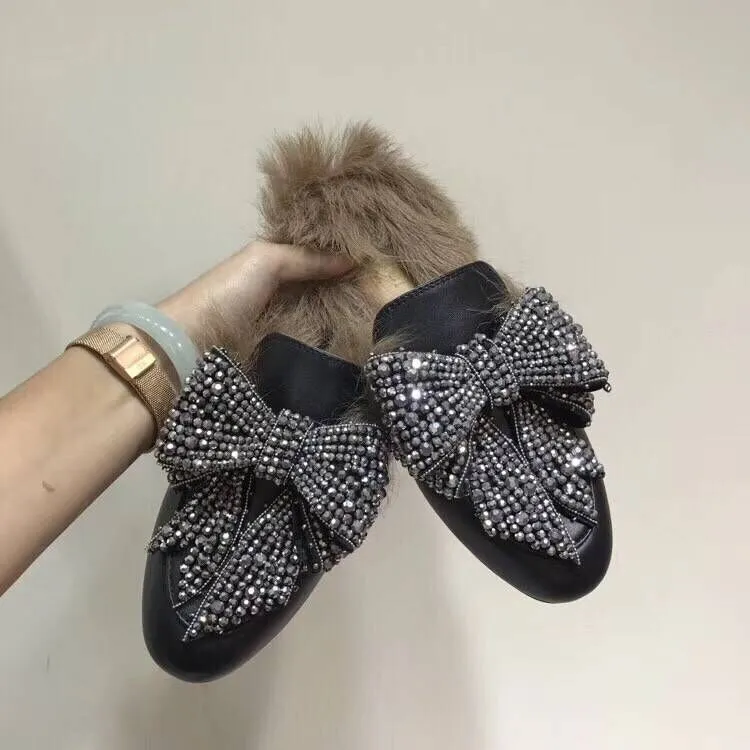 Designer Shoes 2018 Winter Fur Slippers Women Driving Loafers Genuine Leather Fashion Moccasins Embroidery Bear Tiger Flower EU34-43