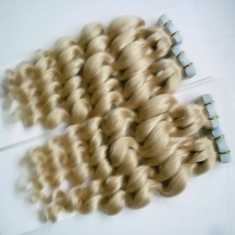 Estensioni dei capelli con nastro a onde sciolte 200g Nastro per capelli umani Remy reali al 100% nelle estensioni dei capelli Biondi 80 pezzi estensioni del nastro di trama della pelle