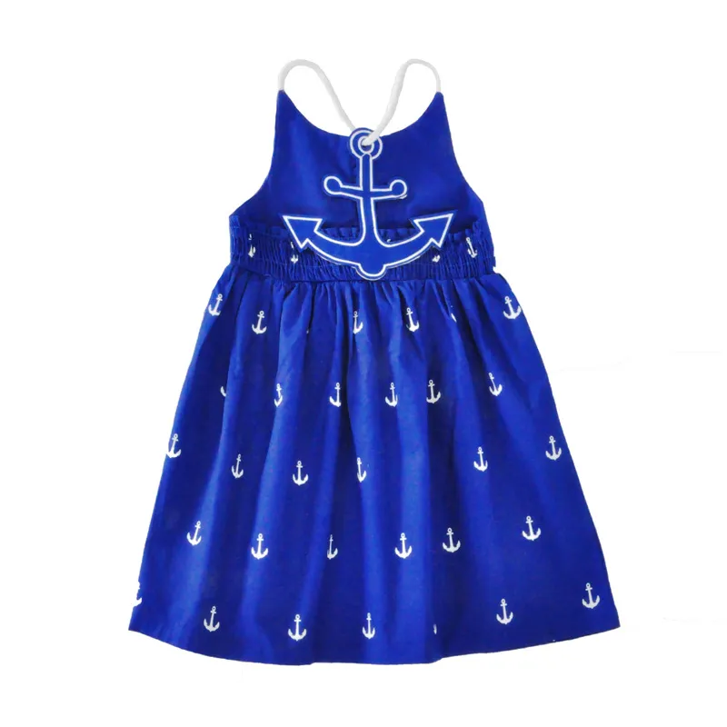 Boutique Filles Vêtements 2018 Date D'été Coton Bleu Robes Sans Manches Plein Bateau Ancre Imprimé Vêtements Enfants Enfants Filles Vêtements