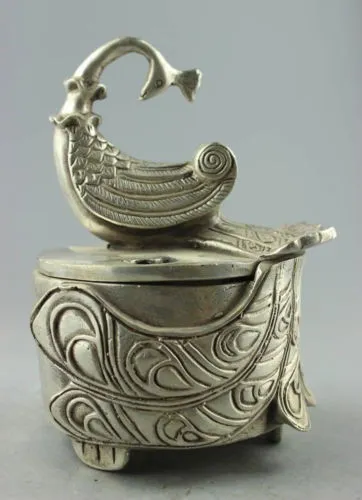 Bruciatore di incenso di pavone intagliato in argento tibetano antico decorato da collezione