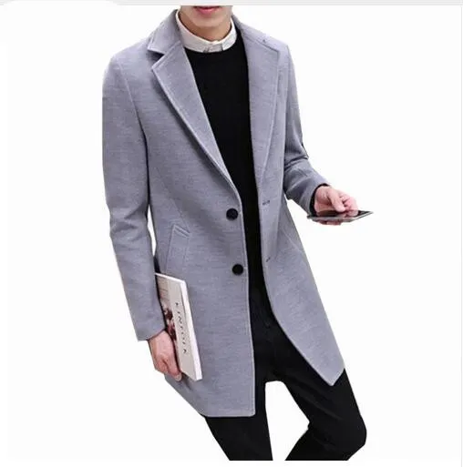 Vente en gros- 2018 Nouveau Long Trench Coat Hommes Coupe-Vent Hiver Mode Hommes Pardessus 40% Laine Épaisse Chaud Trench-Coat Mâle