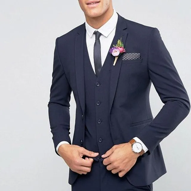 وسيم العرف الدعاوى الزفاف الأزرق الداكن أفضل رجل السترة البدلات الرسمية العريس 3 أجزاء رجال الأعمال الدعاوى terno masculino (سترة + سروال + سترة)