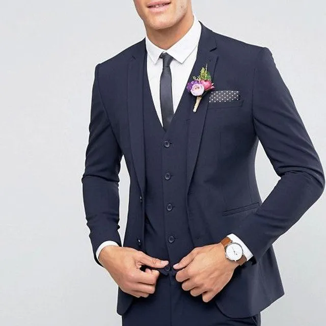 Bonito Feito Sob Encomenda Da Marinha Azul Ternos De Casamento Melhor Homem Blazer Smoking Do Noivo 3 Peças Homens de Negócios Ternos Terno Masculino (Jaqueta + Calça + Colete)