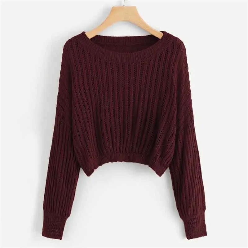 COLROVIE Burgundy Ribbed Casual Crop Women Sweater 2018 Autumn Knitted Streetwear Pullovers Jumper Girls Sweaters Women Clothes From 27 08 DHgate