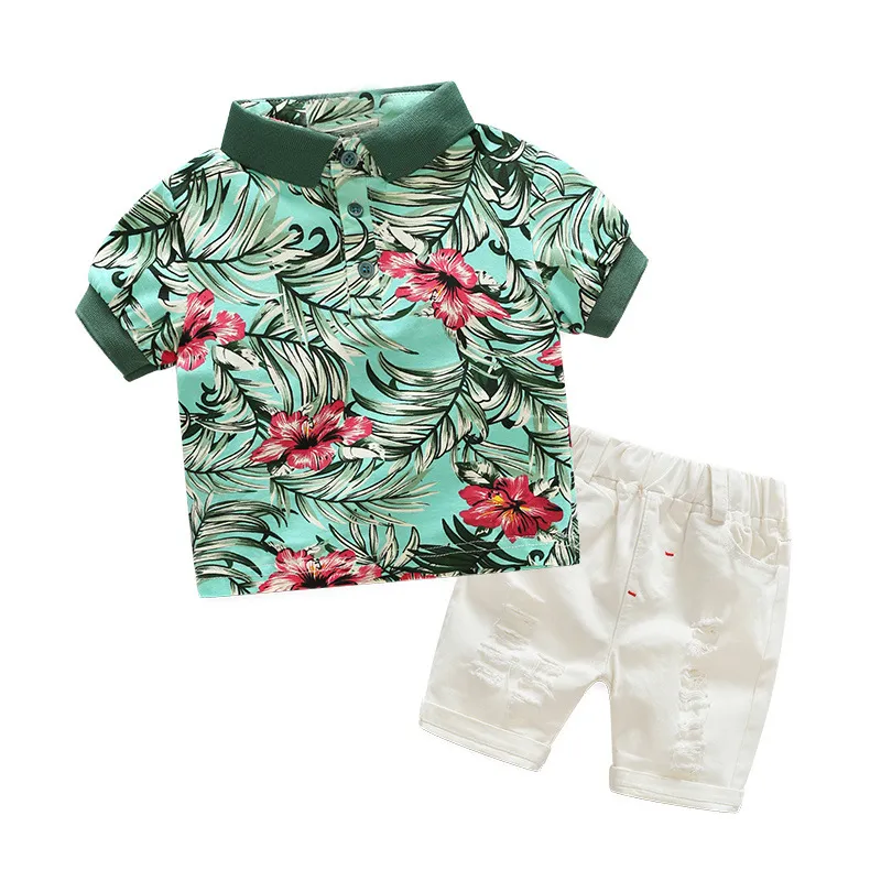 Kid boy green flower shirt ripped white shorts clothes outfit 2-piece set outfits summer kids baby boys casual clothing toddler