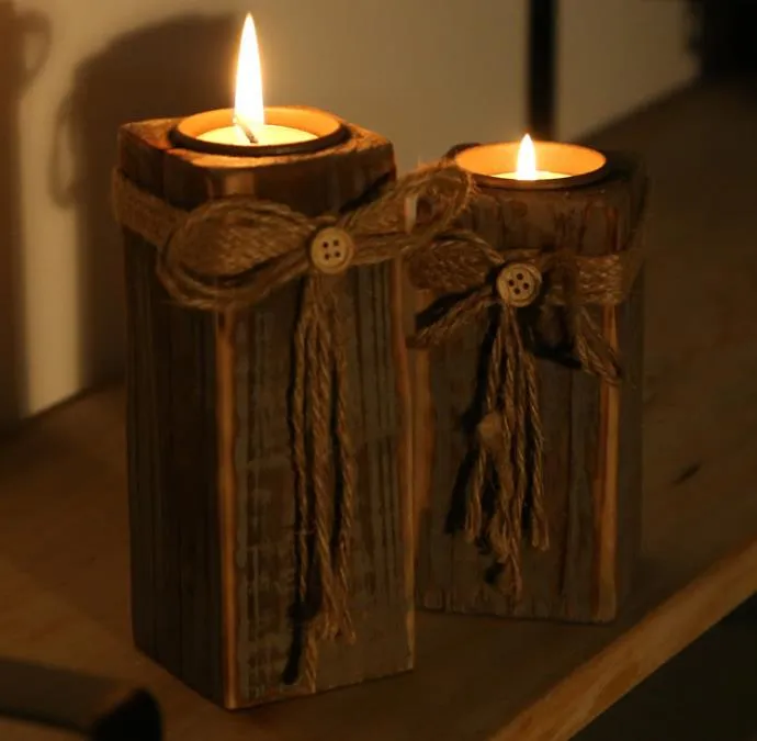 Vintage Wooded ljusstake bröllop Xmas trä te ljusstakar kaffebar hem fest bordsdekorationer handgjorda evenemang favors