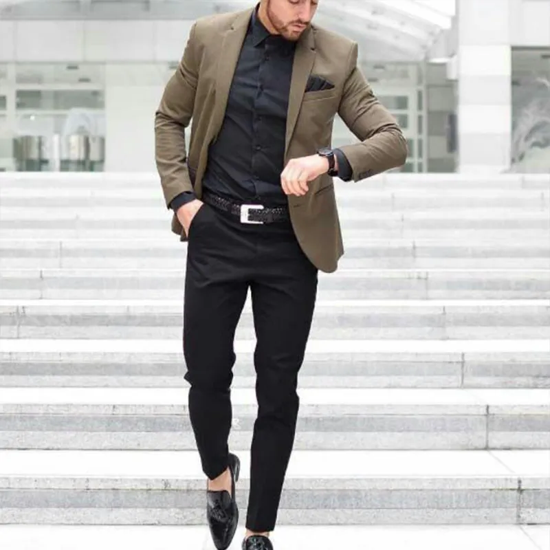 2018 män passar brun khaki notched lapel casual bröllop kostymer blazer brudgum skräddarsydda smala passform formella tuxedos bästa man prom 2pieces