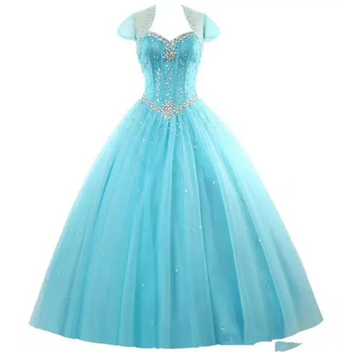 2018 neue erstaunliche Strasskristalle erröten pfirsichfarbene Quinceanera-Kleider 2016 Sexy Sheer Crew Sweet 16 Rüschen Prinzessin Prom Ball Geburtstag Q41