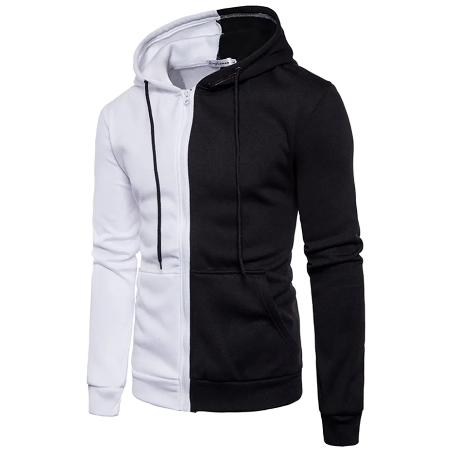 2018 Fashion Mens Hoodies Tracksuit Casual Clothes Black White Patchwork Long Sleeve Sweatshirt Zipper Slim Plus Size Hoodie