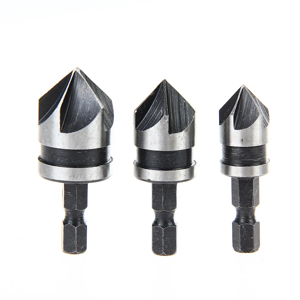 3pcs/set 90 Degree 1/4 Hex 5 Flute Chamfer Deburring Countersink Drill Bit End Mill Cutters for Metal Woodworking Tool 12-19mm