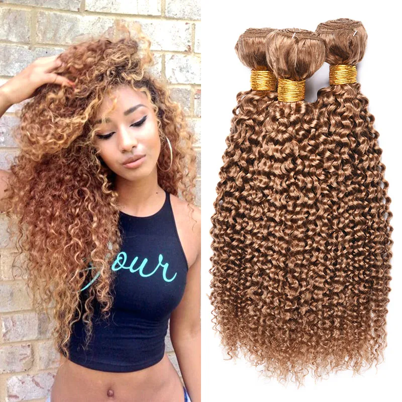 Długie Kinky Kręcone Ludzkie Włosy Wyplata 3 SZTUK Wiązki 10-26 cali Honey Blonde 27 # Pure Color Brazylijski Virgin Hair Bundles Extension 100g / PC