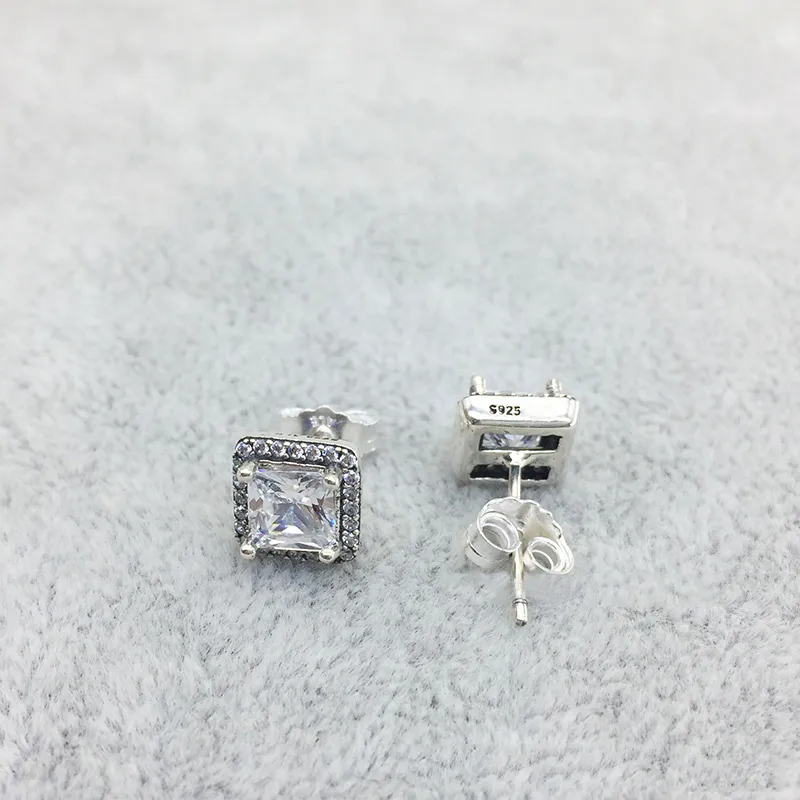 925 Sterling Silver Square Big CZ Diamond Earring Fit Pandora Jewelry Gold Rose Gold Plated Stud Earring Women Earrings