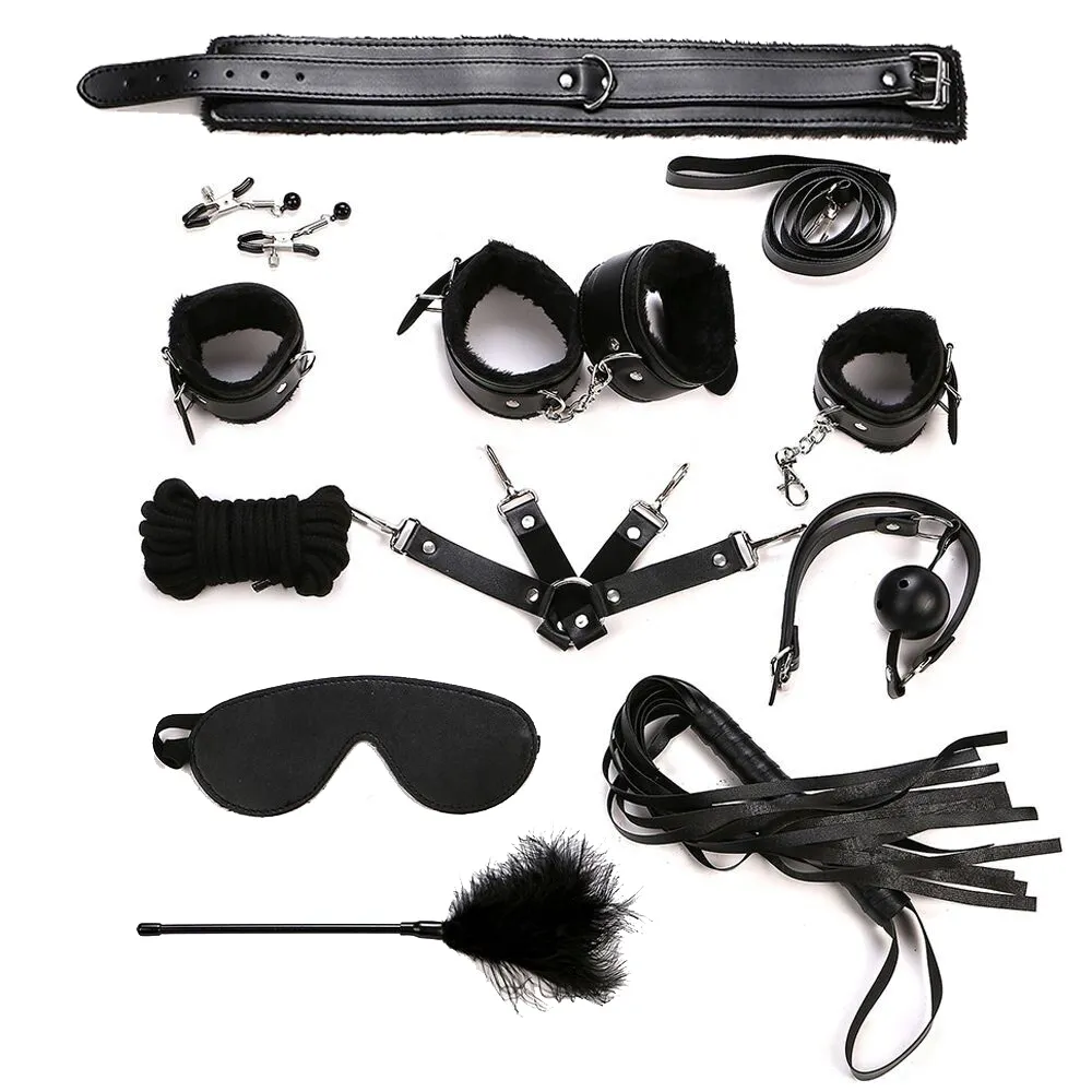 Bondage Kit 10 st / set Sexig Vuxen PU Läder BDSM Sex Bondage Set Hands Ankel s Whip Rope Mask Erotiska Leksaker För Par S19706