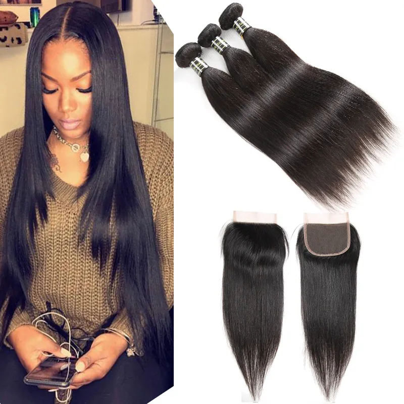 Peruvian Straight Human Remy Virgin Bundles with Closures 3/4 Bundles with Middle or Free Part Weaves Closure Body Wave Wholesale Cheapest