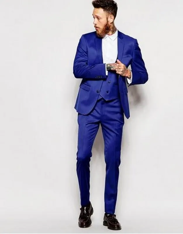 3-teiliger königsblauer Herrenanzug (Jacke + Hose + Weste + Krawatte), Hochzeitsanzüge für Männer, einreihiger Bräutigam-Smoking, Business-Anzug