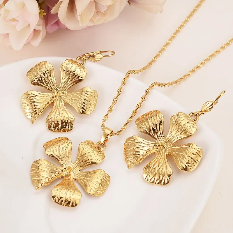 9k giallo vero oro massiccio riempito nuovo fiore grande fiore lungo core orecchini pendenti dichiarazione collana set di gioielli festa regalo romantico raffinato