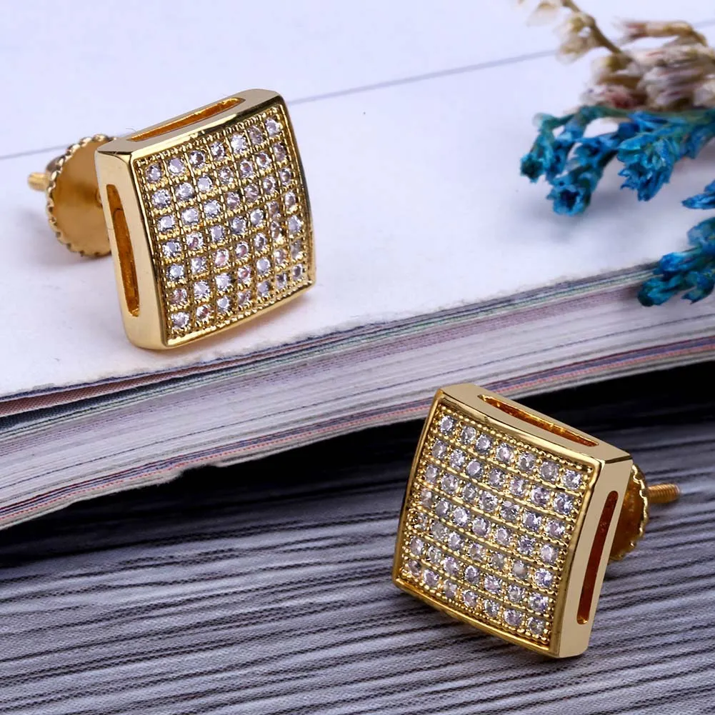 14K Gold Plated Hip Hop Micro Paled CZ Square Curved Back Screw Back Stud Earring For Men Women7732515