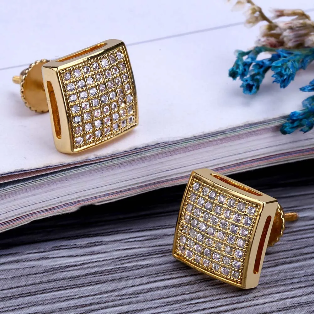 14K Gold Plated Hip Hop Micro Paled CZ Square Curved Back Screw Back Stud Earring For Men Women8756491