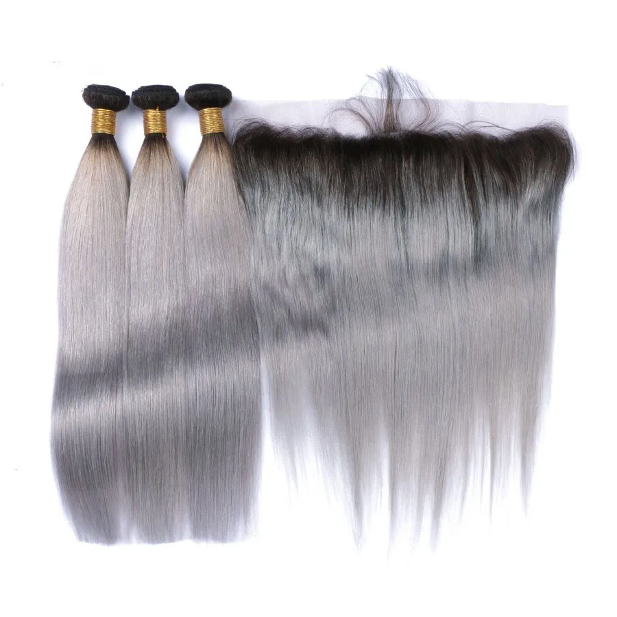 Dark Root Ombre Silver Grey 13x4 Full Lace Frontal Closure With 3Bundles Silky Straight 1B/Grey Ombre Brazilian Hair Weaves With Frontal