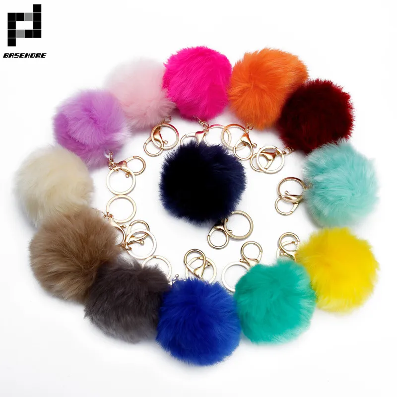 BASEHOME Trinket Pompons Keychains Faux  Fur Keychain Fluffy Key Chains Trinkets Pom Pom Keychain(Gold Color Chain)