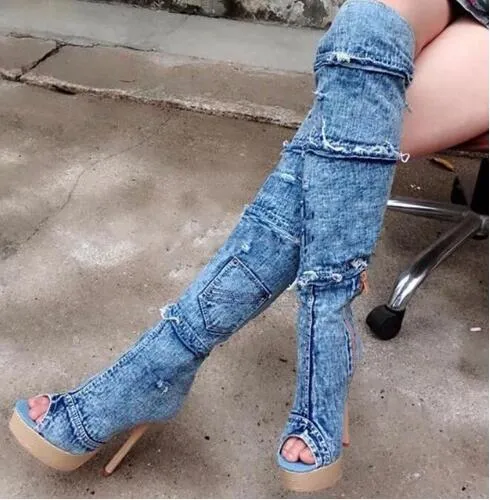 Denim Cuissarde Bout Ouvert Femmes Denim Bleu Dentelle Fleur Genou