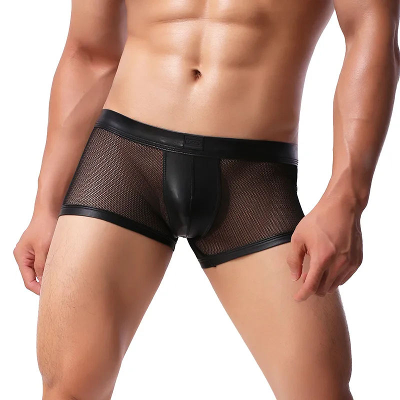 Sexy Mesh Mens Gay Underkläder Boxers Homme Nylon Faux Läderpåse Män Transparent Boxer Shorts Cueca Underbyxor Man Underkläder