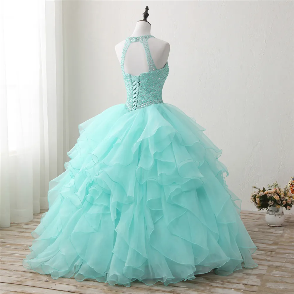 2018 Nuovo arrivato Real Photo Abito da ballo di cristallo senza schienale sexy Abito Quinceanera con perline Abito dolce 16 Vestido Abiti da debuttante BQ126