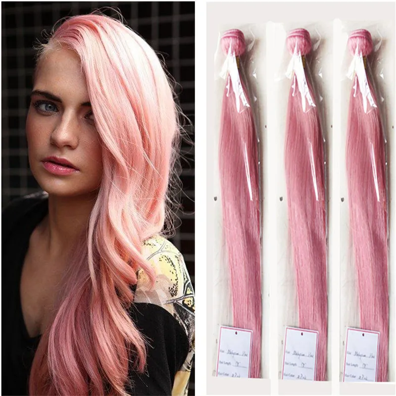 トップクオリティピンクの人間の髪の束3本のインドのピンクの絹のようなストレートの髪の伸びが10-30インチ