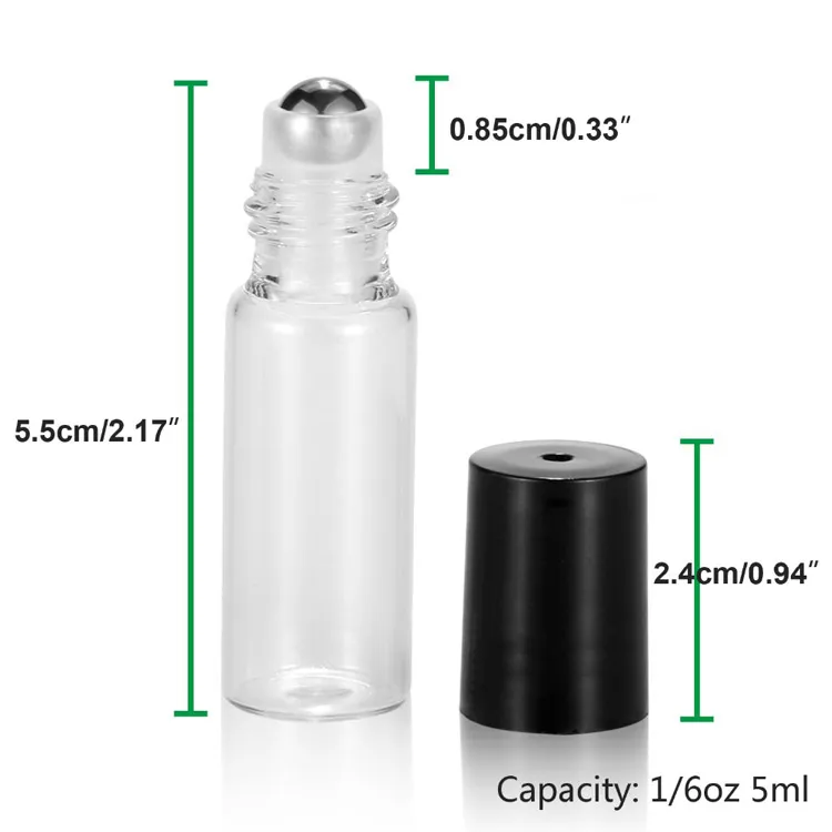 Portable 5ml1/6 oz MINI ROLL ON bottle fragrance PERFUME GLASS BOTTLES ESSENTIAL OIL Steel Metal Roller ball
