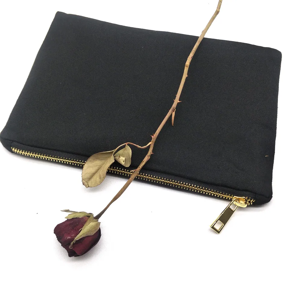 Bag de cosmétique en toile de coton noir avec toile noire Blank Canvas Gold Zip Pouch Sac à imprimé personnalisé Factory DHL S251G
