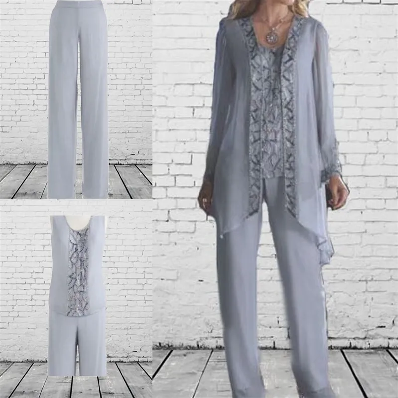 Costume pantalon 3 pièces pour mère de la mariée, en mousseline de soie, robe de marié pour mère de mariage, manches longues, perles, vêtements de cérémonie pour mères, bon marché