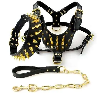 Zwarte Spiked Studded Lederen Hond Pet Pitbull Harness Borst 26 "-34" Collar Leash Set voor Medium Large Dogs Boxer Bull Terrier