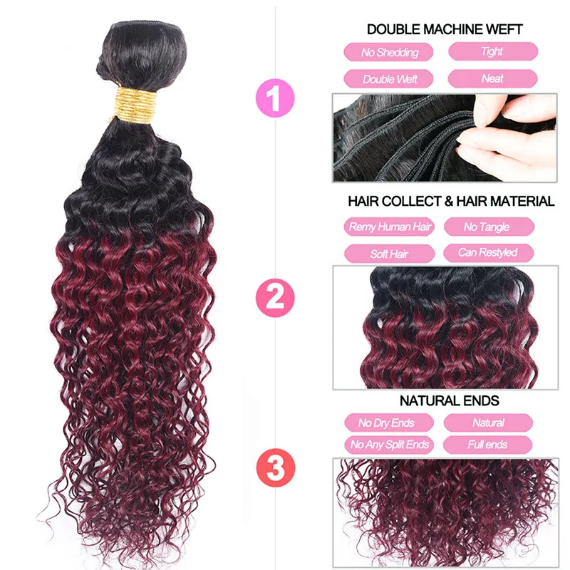 Kinky Curly 4 пучка T 1B 99J Ombre Темное вино Красный двухцветный цвет Дешевые бразильские девственные человеческие волосы Плетение 4 пучка Extension1158679