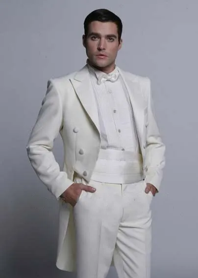 Custom Made Peaked Lapel White Tailcoat Men Party Groomsmen Suits in Wedding Tuxedos((Jacket+Pants+Tie+Girdle) NO;314