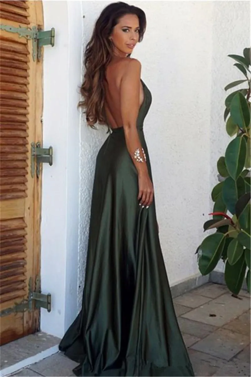 2019 Olive Green Rückenless Split Abendkleider elegante einfache Prom Partykleid Langes Bodenkleider 5174170