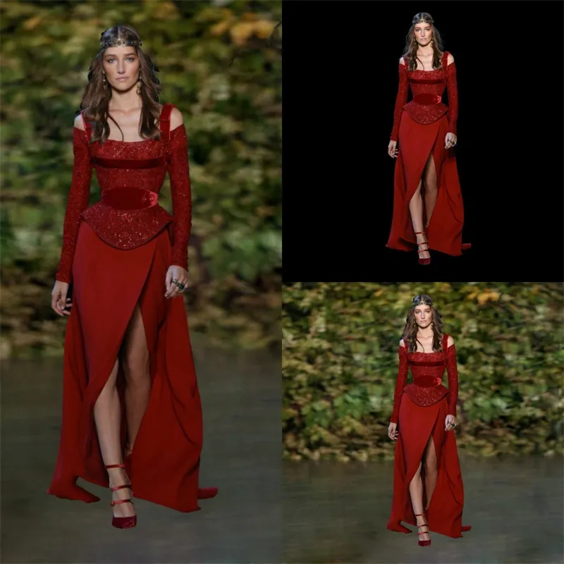 Elie Saab 2018 Red Prom Klänningar Pärlor Långärmad Sida Split Formell Kvällsklänning En Linje Sequins Party Dress