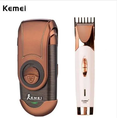 Kemei 110-240V男性古典的な充電式の大人の顔シェーバーひげ三量体+理髪師のステンレス鋼のヘアトリマーのクリッパー切削工具