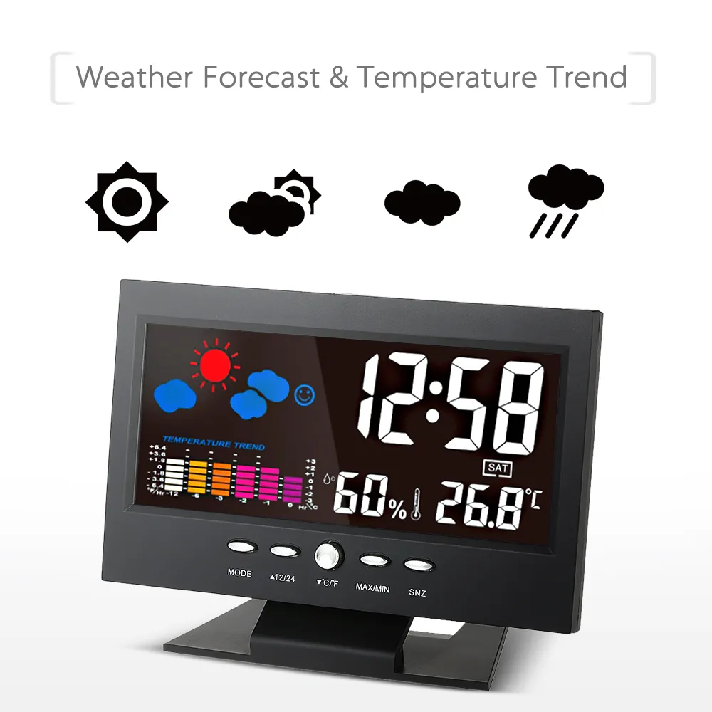 Freeshipping Thermomètre numérique hygromètre station météorologique Indicateur de température Réveil Calendrier LCD coloré vioce-activé Rétro-éclairage