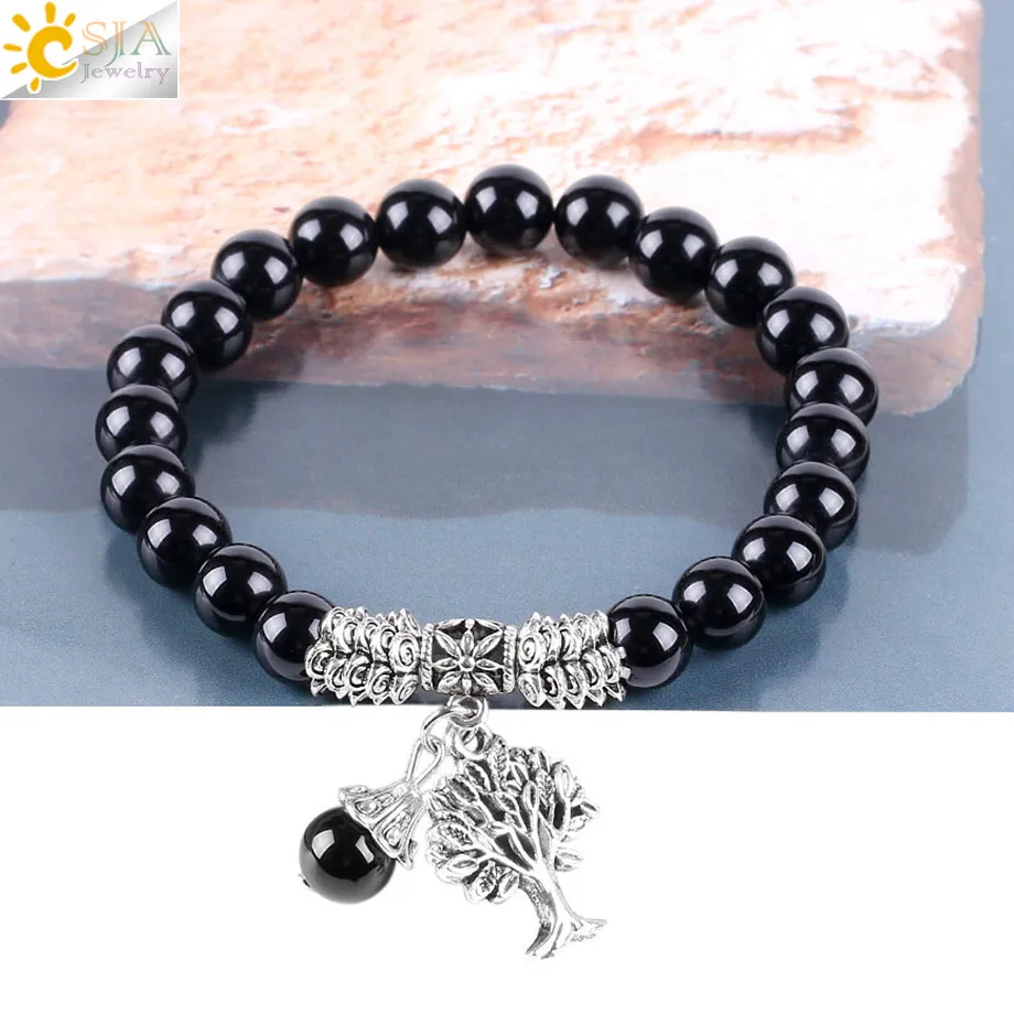 CSJA 8MM Healing Natural Stone Black Onyx Agate Beaded Stretch Bracelets for Men Mala Yoga Beads Silver Tree of Life Charms Jewelr264j