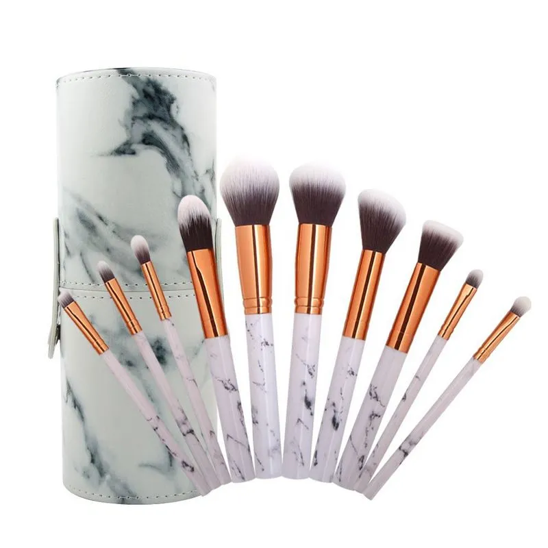 MAANGE 10 pièces/ensemble Pro marbrure maquillage pinceaux Kit marbre motif cylindre PU brosse sac puissance beauté maquillage brosse outils cosmétiques