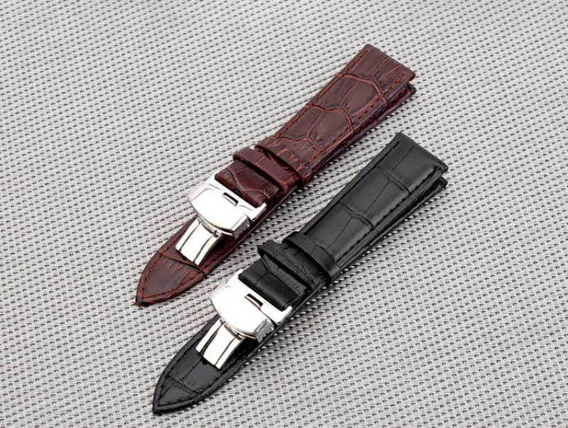 Stålklämma 16mm 18mm 20mm 22mm Watch Band Strap Push -knapp Hidden Fjärilsmönster Deployant Buckle Leather Black Brown239w