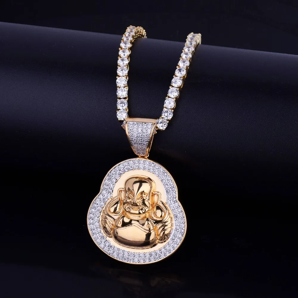 Nya Mäns Hip Hop Smycken Hängsmycke Halsband Iced Out Smile Buddha Gold Silver Color Cubic Zircon Gratis 4mm Tennis Chain