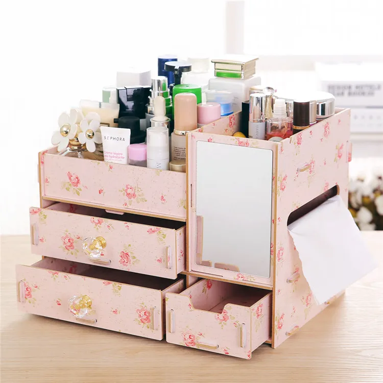 1 st träkosmetika Makeup Storage Tissue Box Wood Organizer smycken Fall med spegelgåvor till Lady Girl7566927