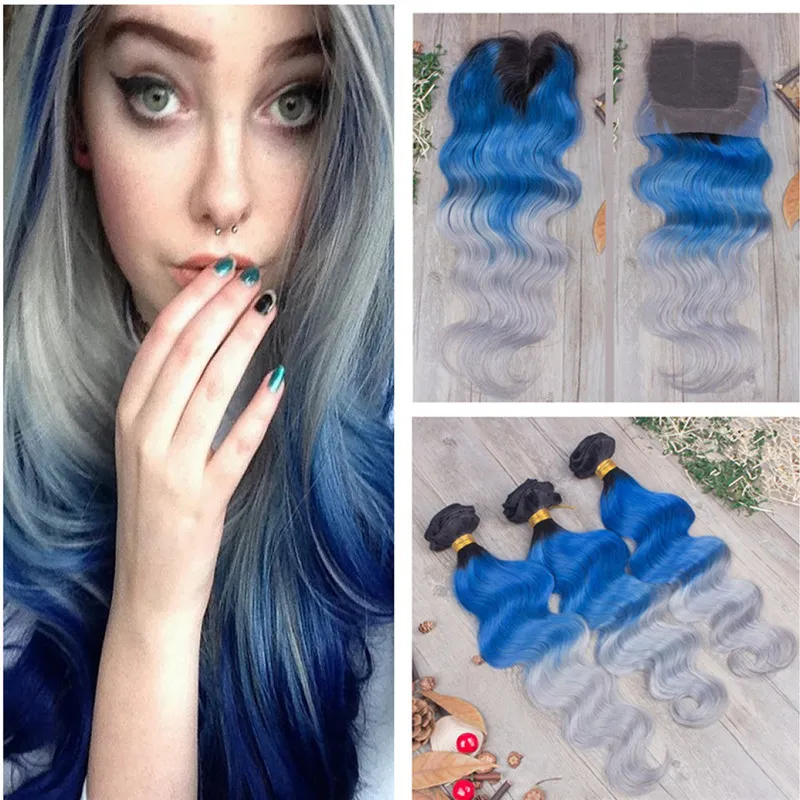 Dreifarbige menschliche Haarwebart mit Spitzenverschluss 1b Blaugrau Ombre Menschenhaarbündel mit Spitzenverschluss 4*4 Babyhaar