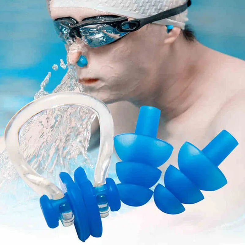 4sets vattentäta simning öronproppar näsa klämma med fall skyddande förhindra vattenskydd öronplugg mjuka silikon simma dykmaterial