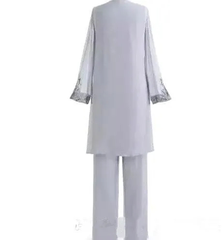 신부의 실버 어머니 3 피스 바지 양복 레이스 쉬폰 해변 결혼식 어머니의 신랑 드레스 긴 소매 웨딩 게스트 드레스 BA6571